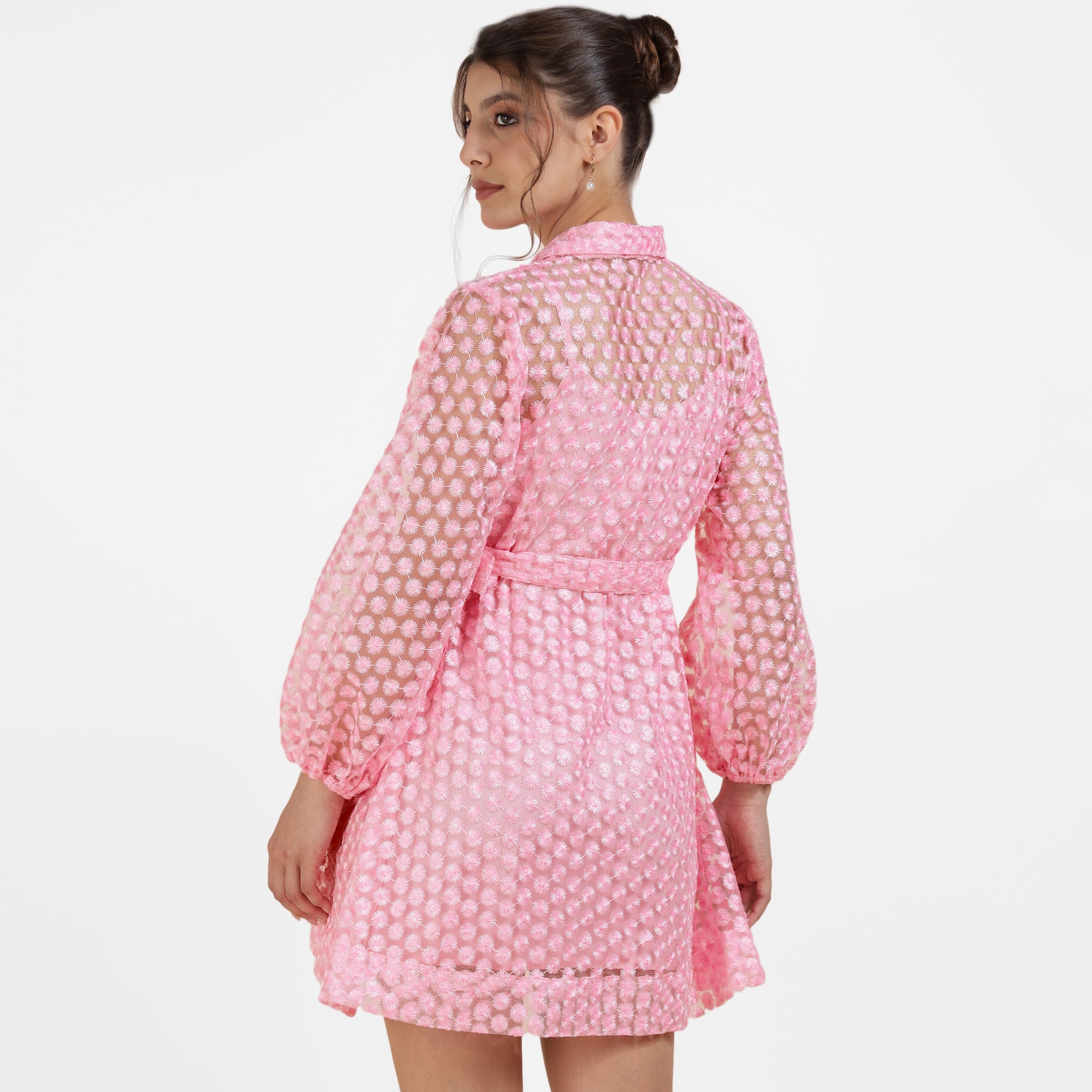 Sheer Embroidered Shirt Collar Mini Dress – Blush Pink